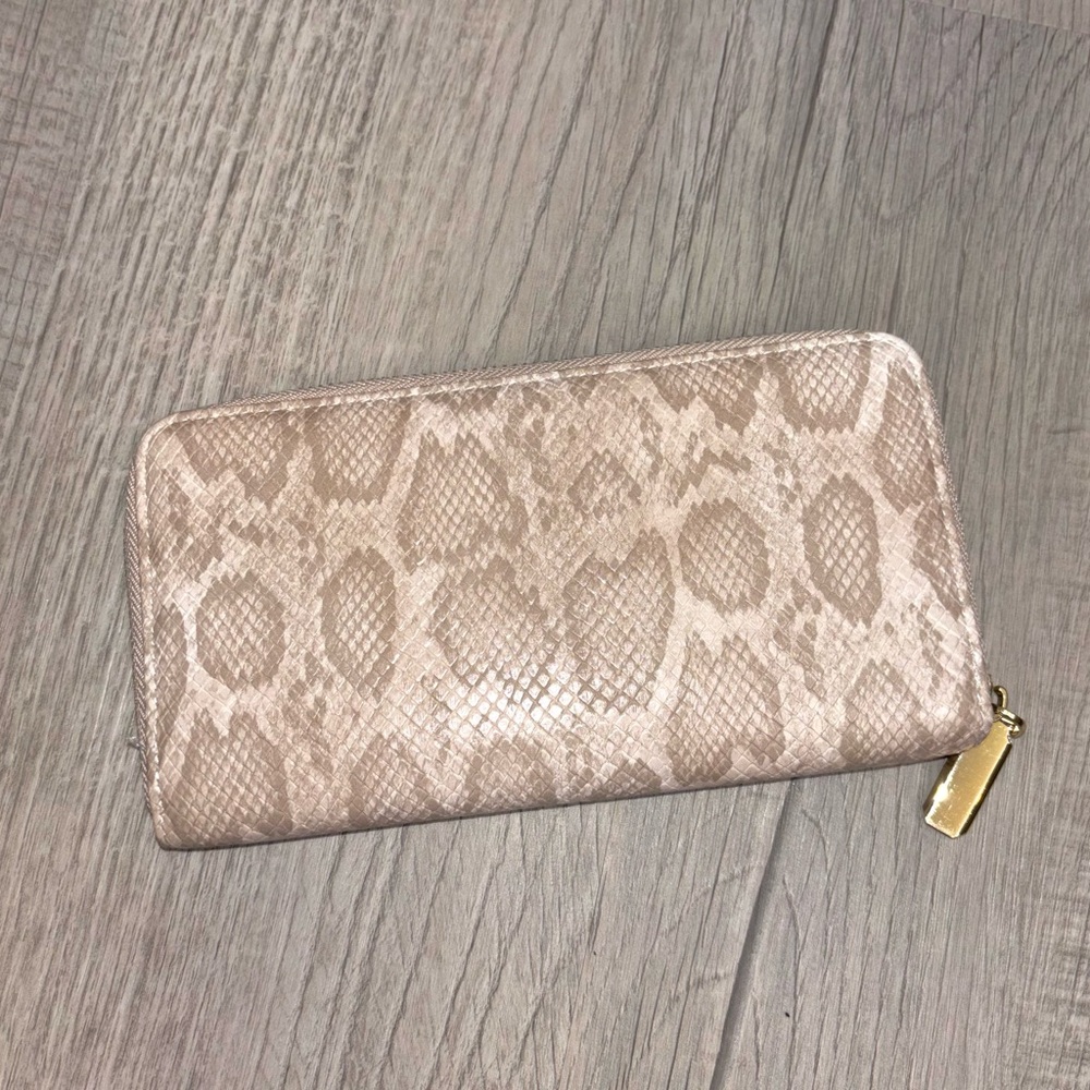 Zip-Around Snake-Embossed Wallet in Beige